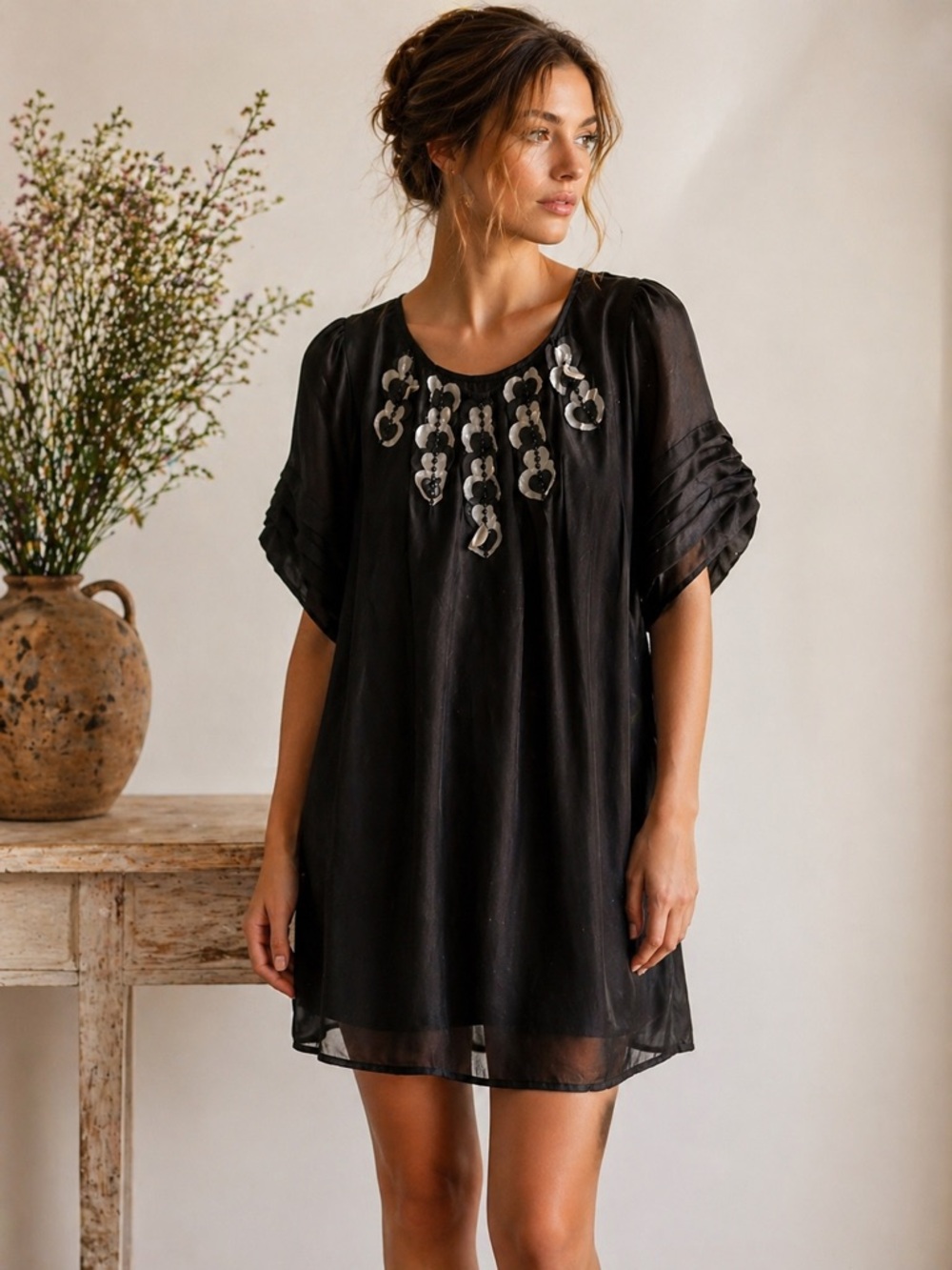 Black Embellished Mini Dress - Women's Short Sleeve Shift